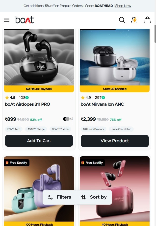 boAt - Filters and Sort by pinned to the bottom of the viewport