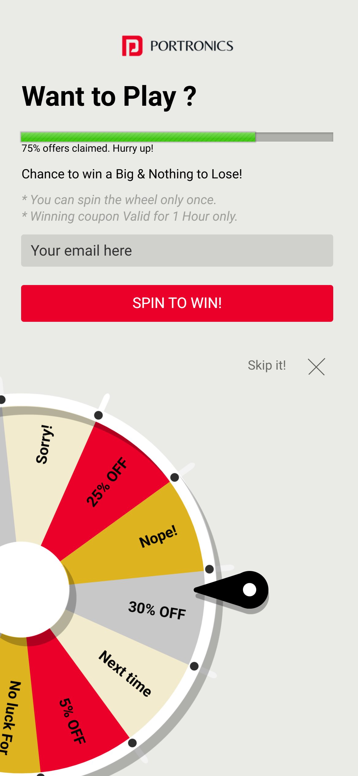 Portronics - spin-to-win coupon in exchange for an email
