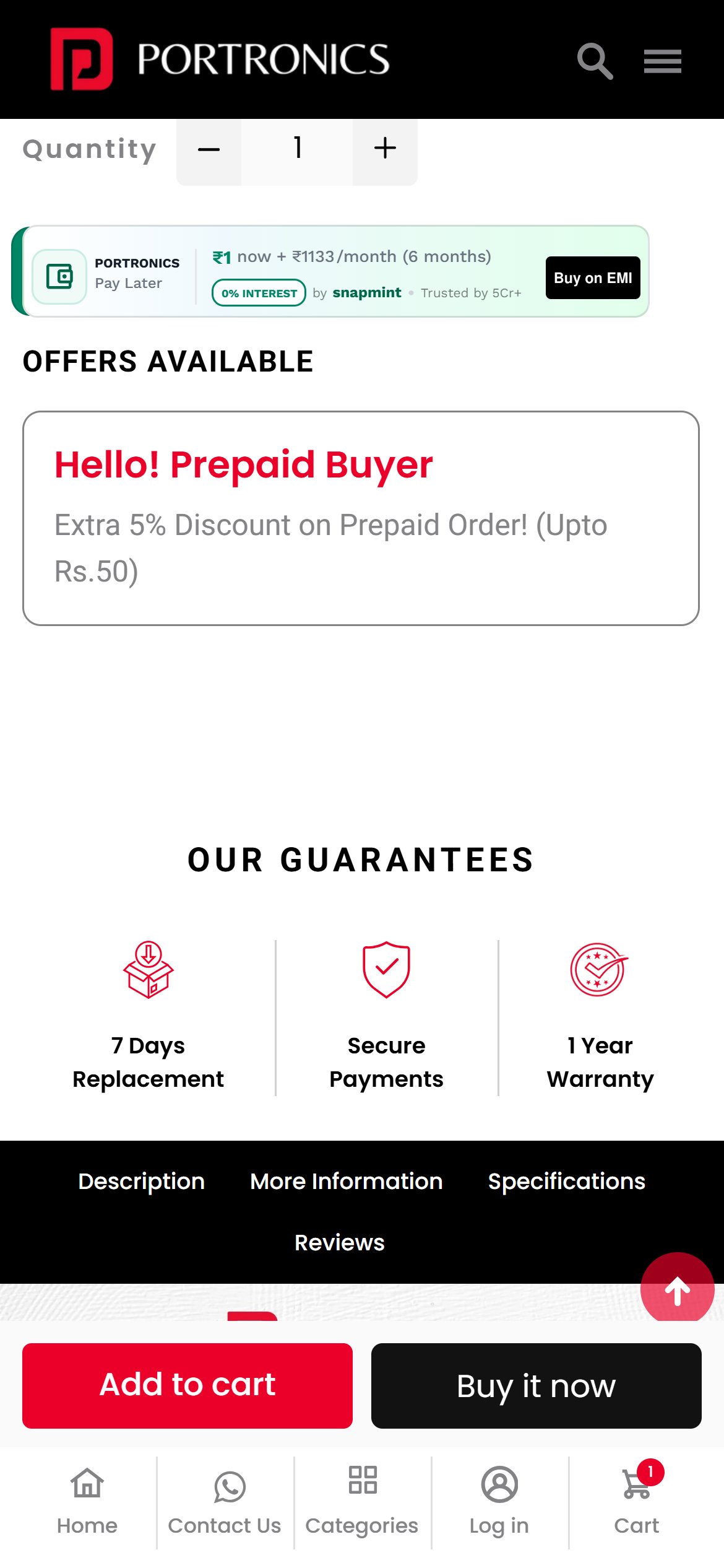 Portronics - Snapmint pay-later rendering in the buy box